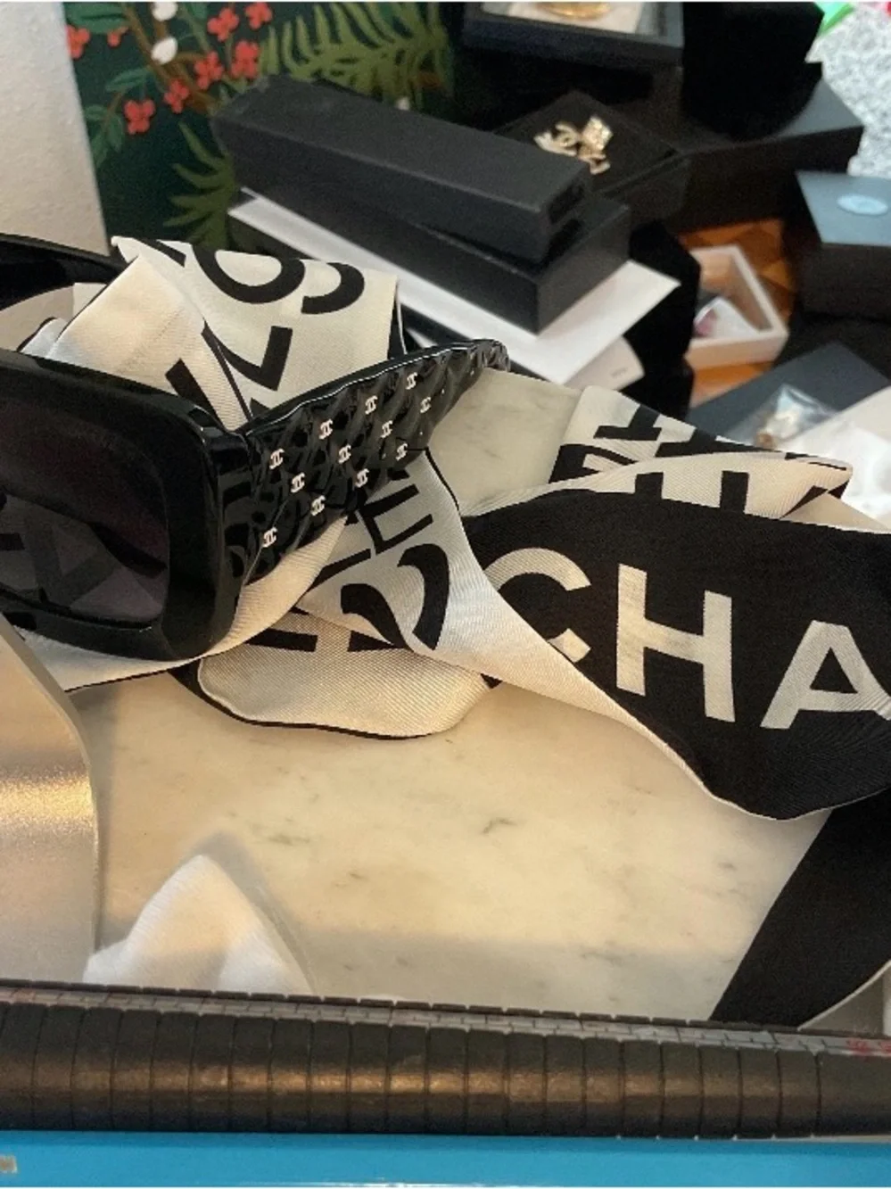 CHANEL Black and White Logo Silk Twilly Bandeau